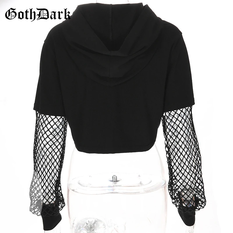 Женская толстовка Goth Dark, модный топ с открытым животом и рукавами в крупную сетку, черная повседневная свободная кофта с капюшоном