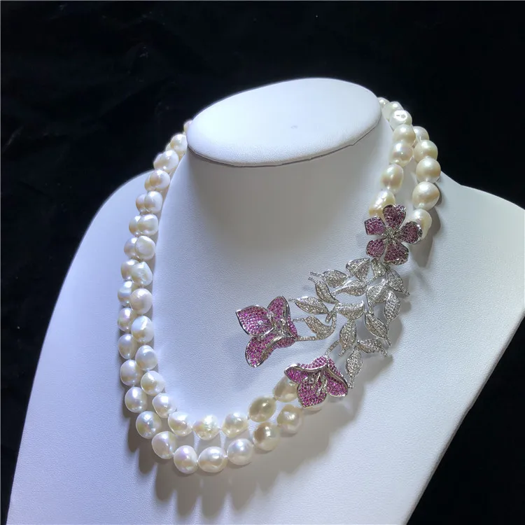 Вау! 2 ряда пресноводного жемчуга белое ожерелье в стиле барокко 8-13 мм 19-20 дюймов