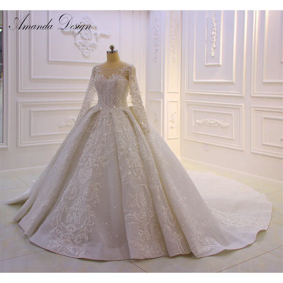 Свадебное платье с длинным рукавом и кружевной аппликацией|Свадебные платья| |