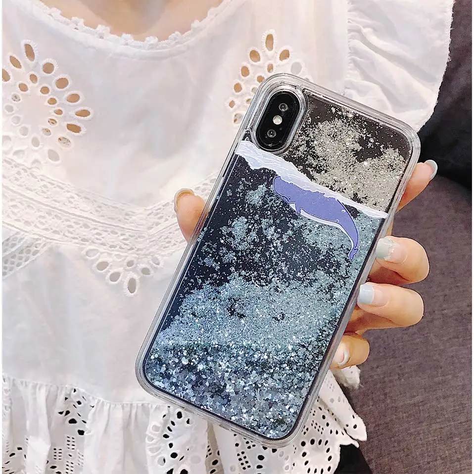 Жидкий зыбучий песок дельфины задние Чехлы для iPhone 6 7 8 Plus телефон чехол X XR XS MAX Capa