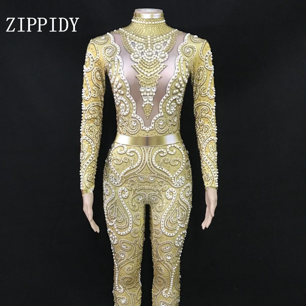 

Комбинезон женский стрейчевый с жемчужинами, золотисто-серый мигающий костюм для бара, празднования дня рождения, выпускного вечера, одежда диджея, певицы