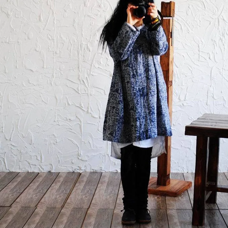 ASYMSAY 2017 Vintage Print Plus Size Women Clothing Autumn Simple Long Sleeve V Neck Slim Shift Cotton Linen Dress | Женская одежда