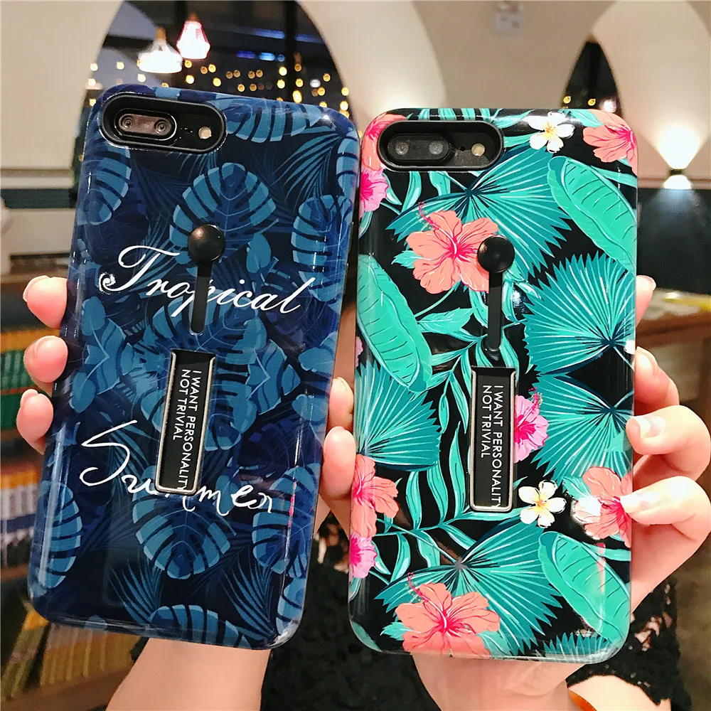 For Apple iPhone X XS MAX Classic Retro Flower Leaf Silicone Ring Phone Cases 6 6s 7 8 Plus Hide Stand Holder Cover |
