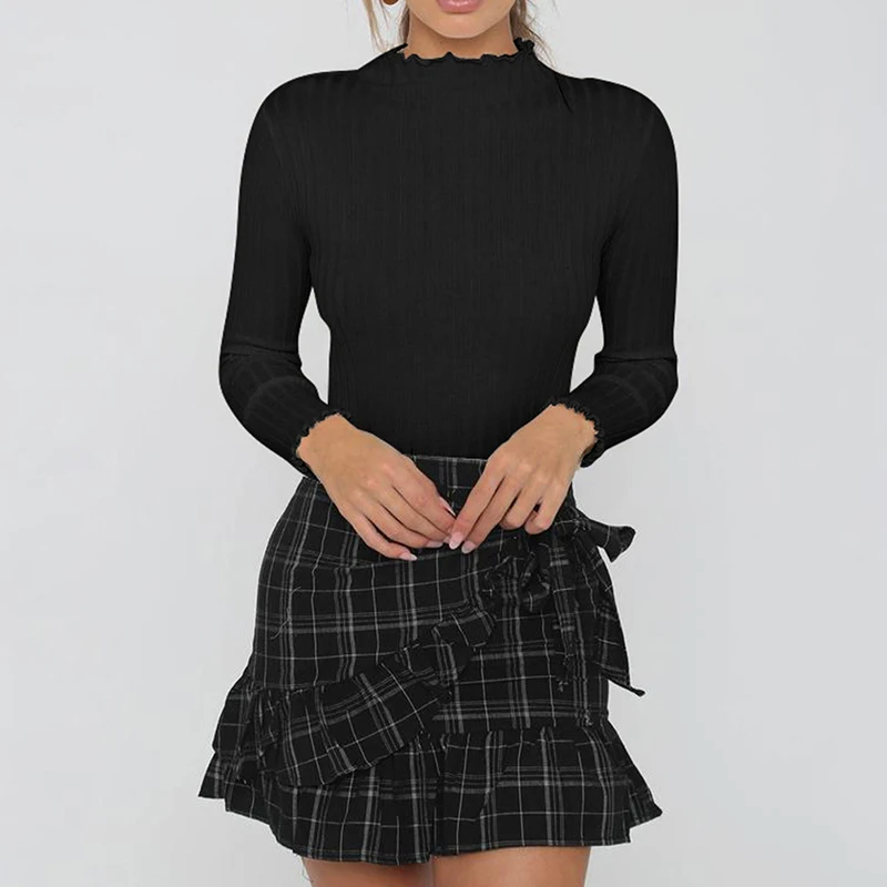 Women Winter Cute Ruffles Neck Knitted Pullover Sweaters Ladies Fashion Solid Slim Crochet Sweater Female Knit Tops | Женская одежда