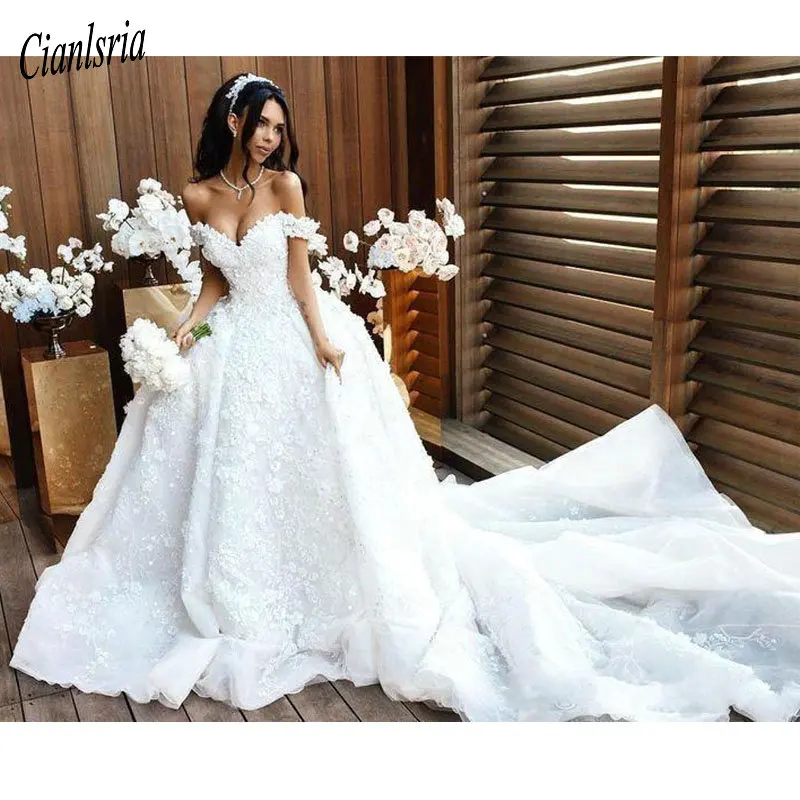 Romantic Flowers Ball Gown Lace Wedding Dress 2020 Luxury Cathedral Train Vestido De Noiva Sexy Cap Sleeve Wedding Gowns