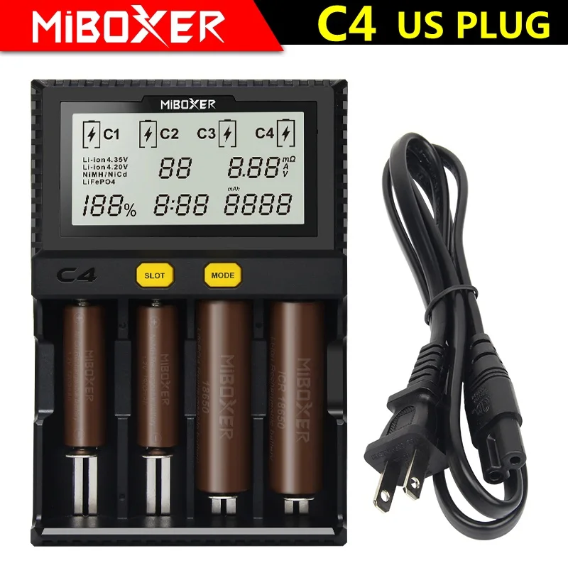 C4 US plug Miboxer C4 lcd умный аккумулятор Ladegerat мех Li-Ion IMR ICR LiFePO4 3,7 v 18650 14500 26650 21700 AAA аккумулятор 100-800mah 1.5A - Цвет: C4 US plug