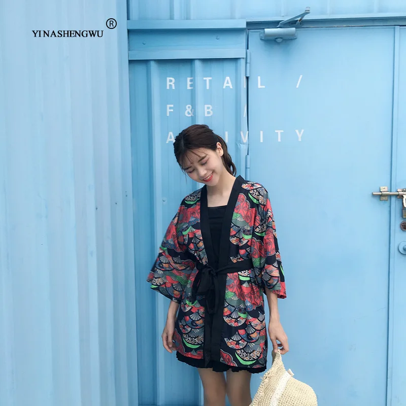 Yukata, женская блузка с поясом, новая мода, кимоно, блузка, японский веер, принт, женская рубашка, летняя, солнцезащитная, топы, Япония, кимоно, для женщин