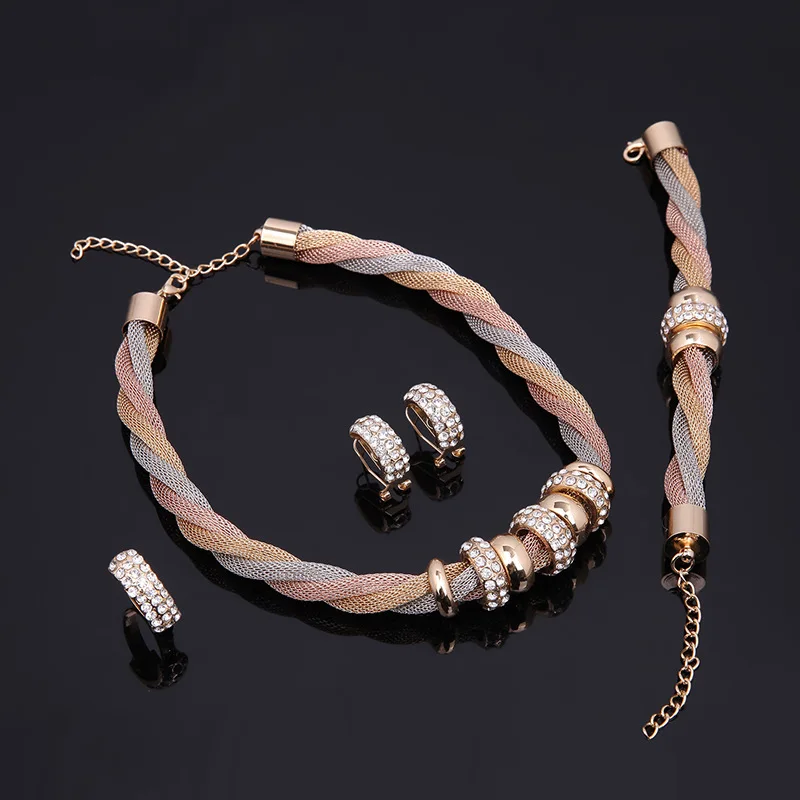 4PCS/SET Fashion Gold Dubai Jewelry Set Crystal Necklace Earrings Ring Bracelet | Украшения и аксессуары