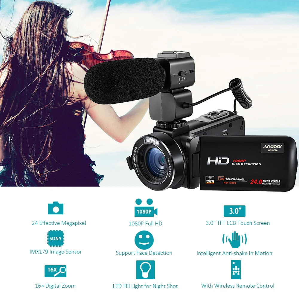 Andoer HDV Z20 1080P Full HD 24MP WiFi цифровая видеокамера с микрофоном 3 0 &quotсенсорный экран