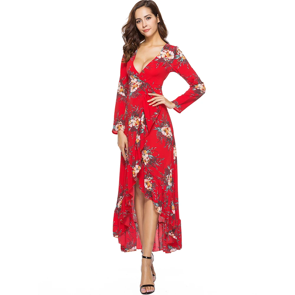 Для женщин Лето boho пляжное длинное платье пикантные модные глубокий v-образным