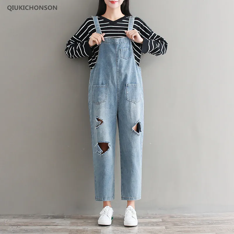 Broken Holes Jeans Women Jumpsuits Spring Solid High Waist Pockets Vintage Ankle-Length Pants Female Loose Jeans Overalls