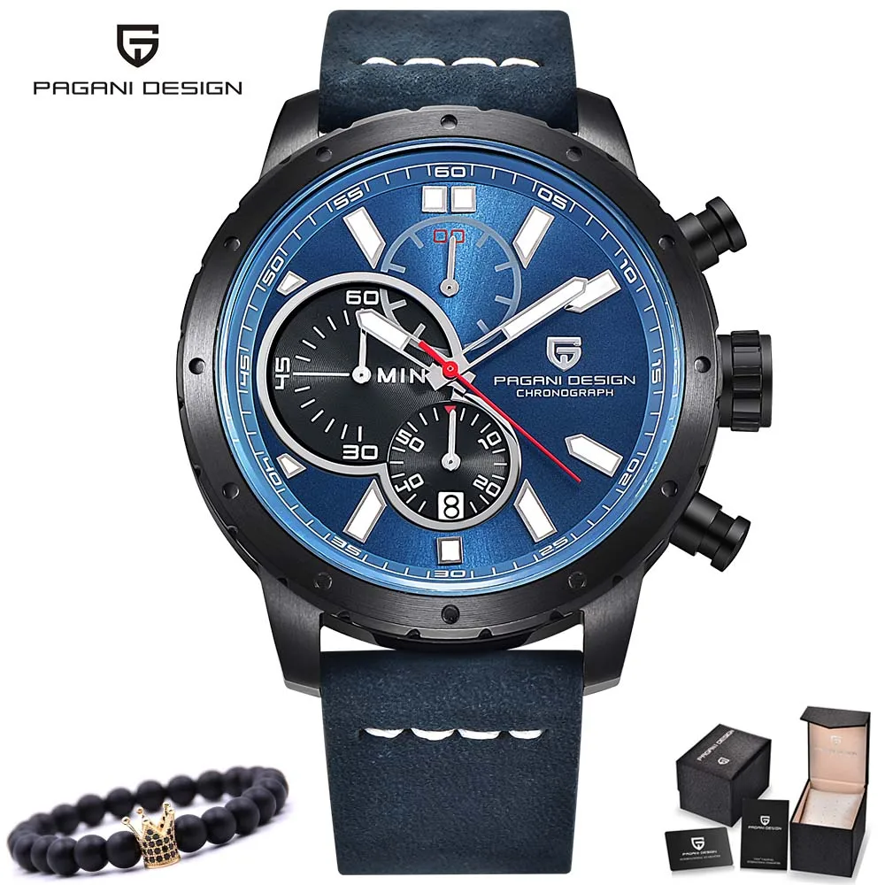 blue black leather PAGANI дизайнерские Роскошные Брендовые мужские часы с хронографом водонепроницаемые спортивные кварцевые наручные часы мужские кожаные военные часы мужские часы - Цвет: blue black leather