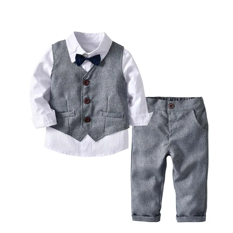 Kinderen Jongens Kleding/комплекты года, однотонные рубашки+ штаны+ жилет, комплект для мальчиков из 3 предметов, костюм для мальчиков - Цвет: Белый