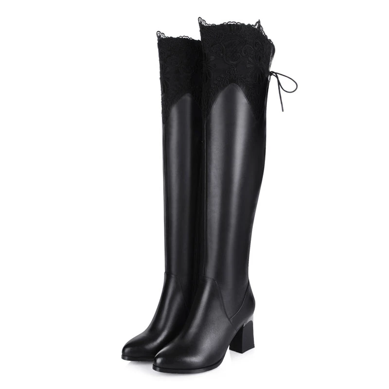 

Tuyoki New Women Over The Knee Boots Real Leather Fashion Shoes Women Lace Bowtie Fur Warm Winter High Heels Boots Size 33-42
