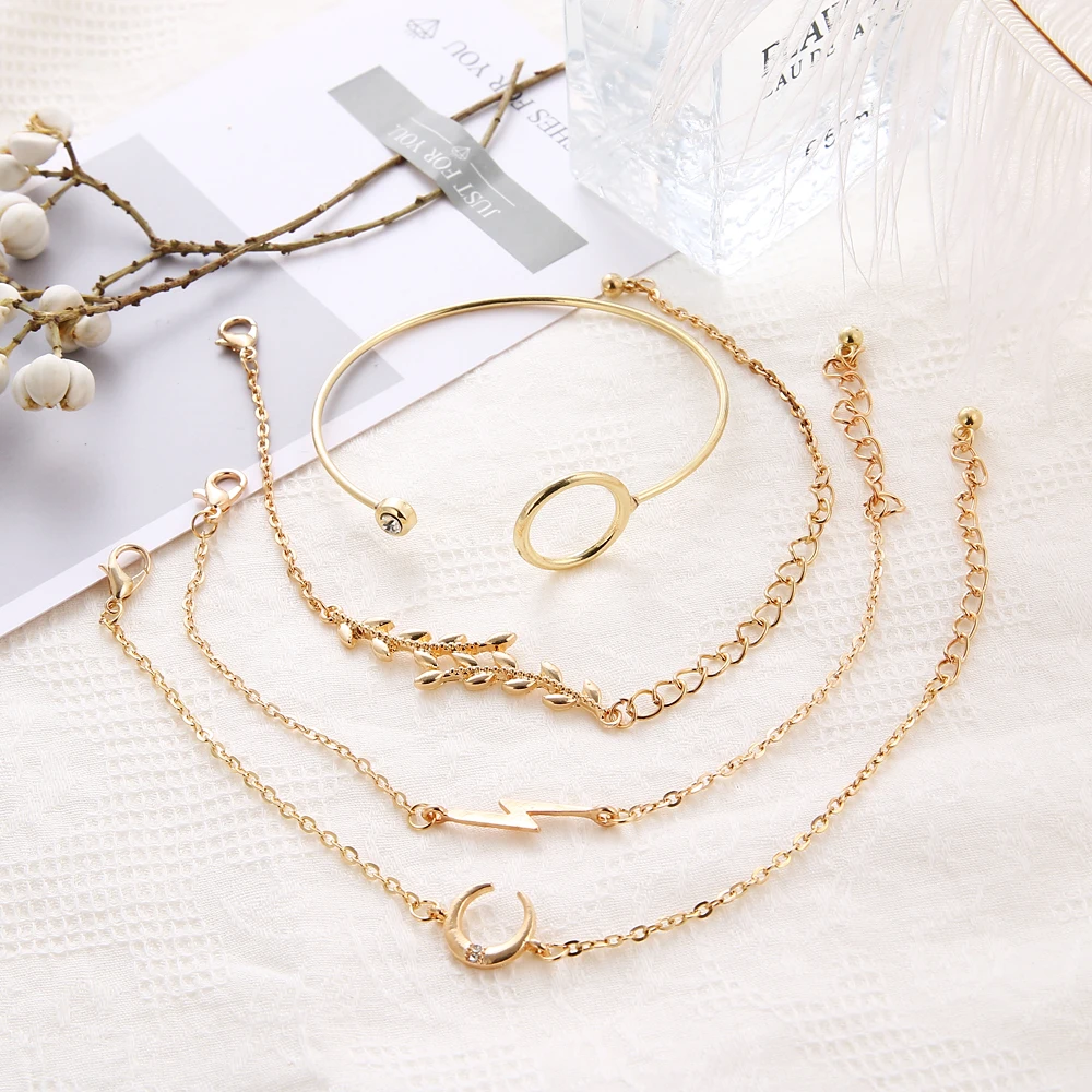 4 шт./компл. модный браслет с молнией и Луной в форме листа открытый золотой цвет