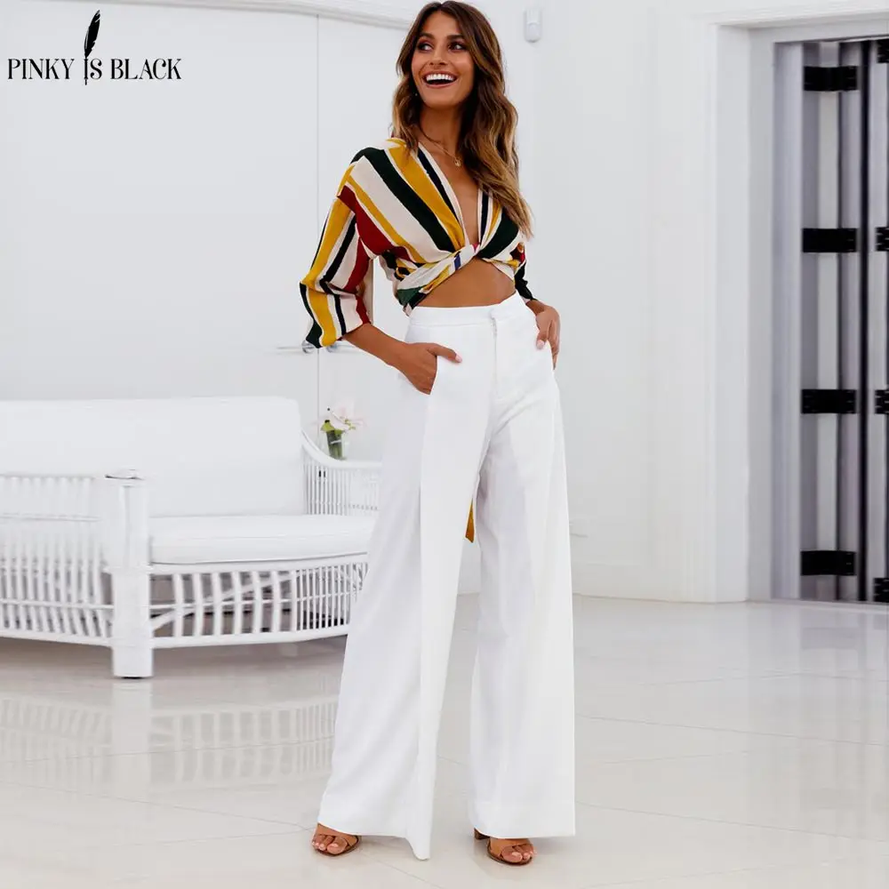 

PinkyIsBlack Women Wide Leg Pants High Waist Zipper Waist Trousers OL Pants Long Culottes Pants Long Trouser 2019 Pantalon Femme