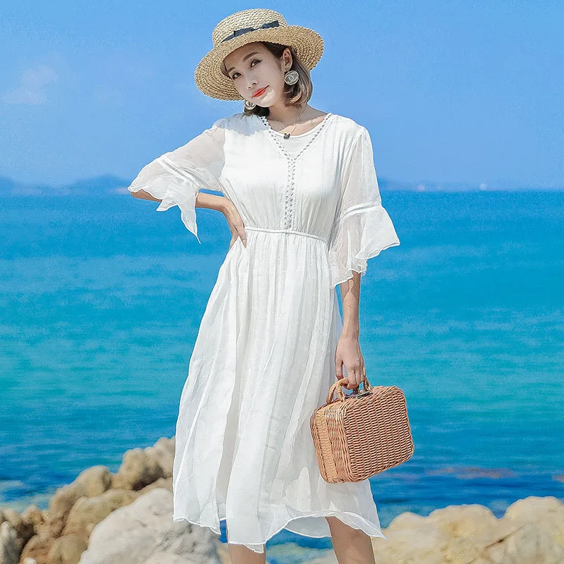 

silk dress 2019 spring summer women long casual sexy chiffon beach dresses bohemian plus large size boho white Slender Fairy