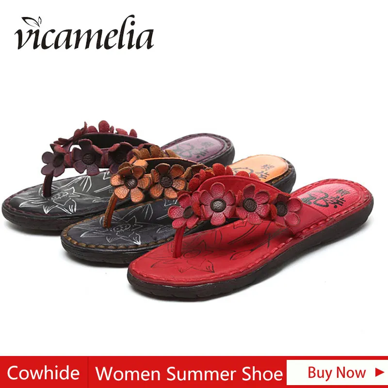 2019 Summer Newest Beach With Flower Flip Flops Genuine Leather Casual Women Slippers Ladies Outdoor Flat Shoes Handmade 321 | Обувь