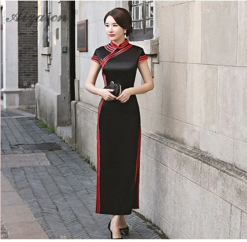 Черное винтажное платье Femme Slim Cheongsam Современные длинные платья Qi Pao женское традиционное китайское платье в восточном стиле халат Ципао
