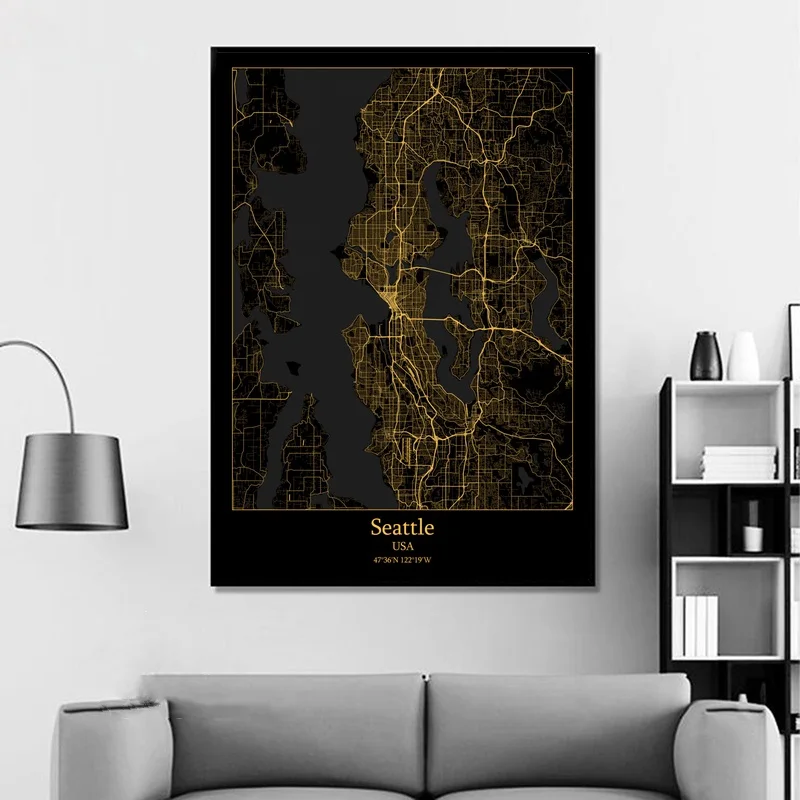 Сиэтл Sendai Сеул Севилья Шанхай Современная Золотая карта города холст