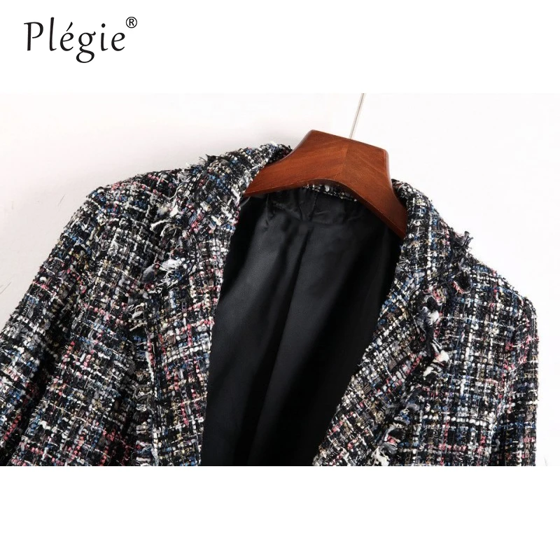 Женский твидовый пиджак в клетку Plegie винтажный шикарный с искусственным