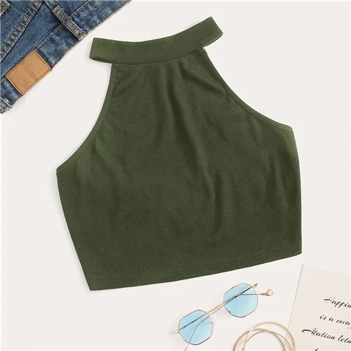 Army Green SweatyRocks женский топ с бретелькой через шею,, модный летний Повседневный Топ с открытой спиной, Женский облегающий сексуальный жилет - Цвет: Army Green