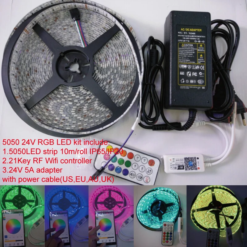 10 м/рулон 24 в 600 светодиодов RGB SMD5050 гибкая светодиодная лента + 21 ключ IOS и Android wifi