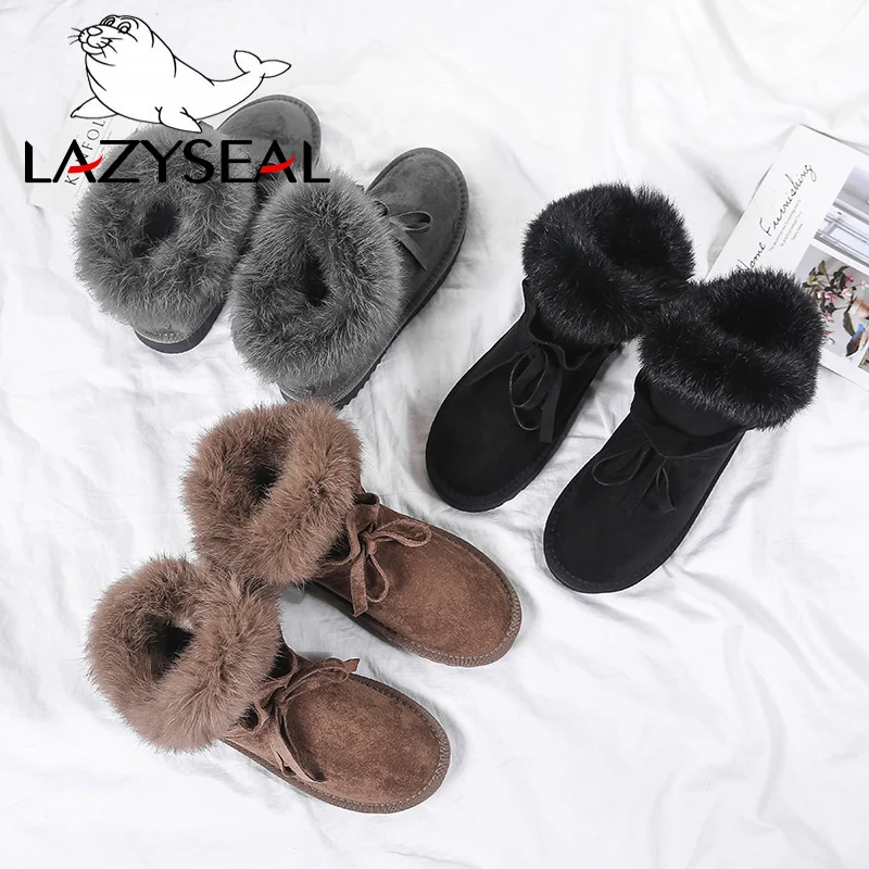 LazySeal обувь года; женские замшевые зимние ботинки с натуральным кроличьим мехом; женские Теплые ботильоны на платформе с плюшевой подкладкой со складками