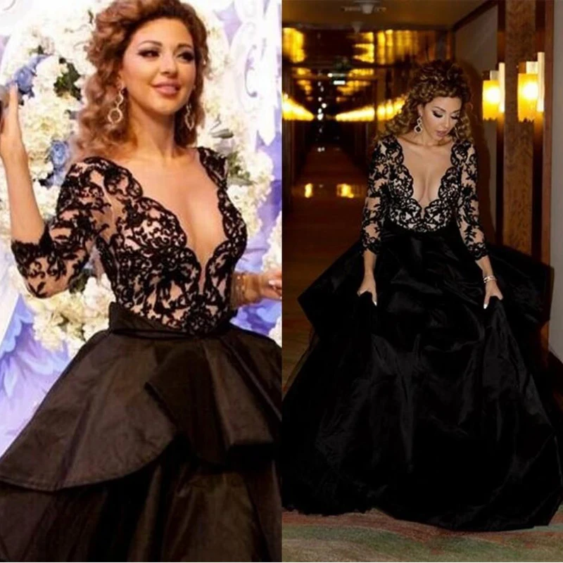 

Modern Black Ball Gown Evening Dresses Scoop Neck Three Quarter Sleeve Backless Celebrity Gown Puffy Skirt Organza Evening Gowns