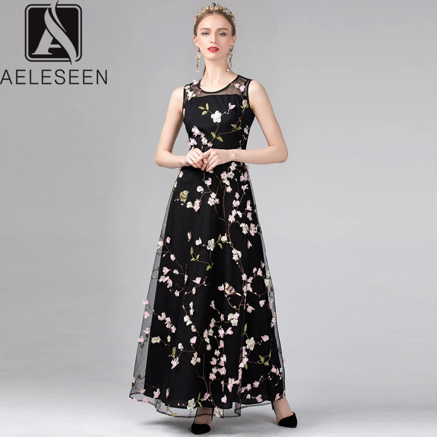 Женское длинное платье с цветочной вышивкой AELESEEN черное макси без рукавов лето