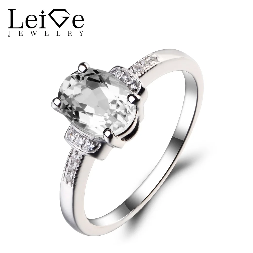 

Leige Jewelry Real Natural White Topaz Rings Solid 925 Sterling Silver Oval Cut Fine Gemstone November Birthstone Ring for Her