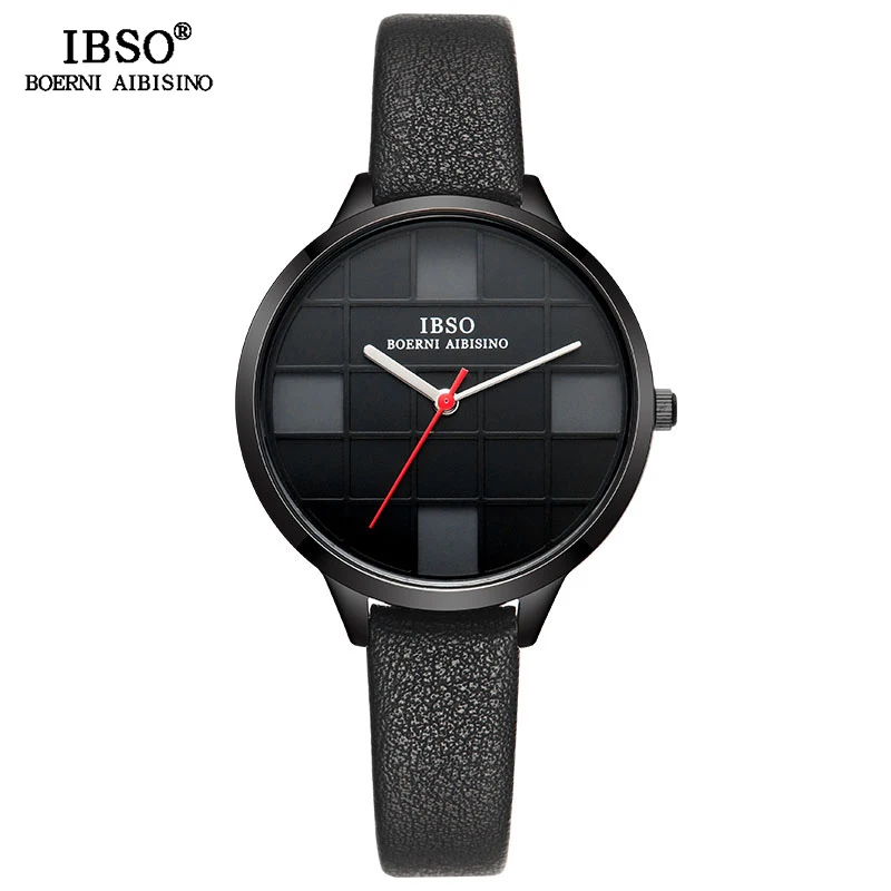 Black Black IBSO, женские кварцевые часы, дизайн, клетчатый ремешок из натуральной кожи, женские кварцевые часы, женские водонепроницаемые часы, Montre Femme - Цвет: Black Black