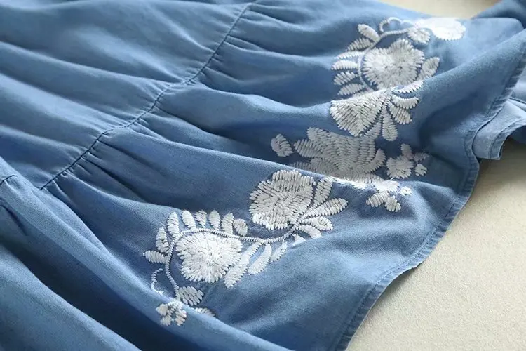 Women Vintage Blue Denim Dress Lady V Neck Flare Sleeve Summer Casual Floral Embroidery Dress Plus Size vestido