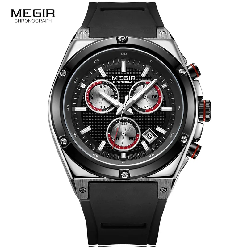 MN2073G-Silver-Black Люксовые часы от бренда Megir, Спорт на открытом воздухе силиконовый кварцевый хронограф мужских часов, мужские армейские Повседневное Водонепроницаемый 24-часовой аналоговые наручные часы для мужчин black rose 2073-1N0 - Цвет: MN2073G-Silver-Black