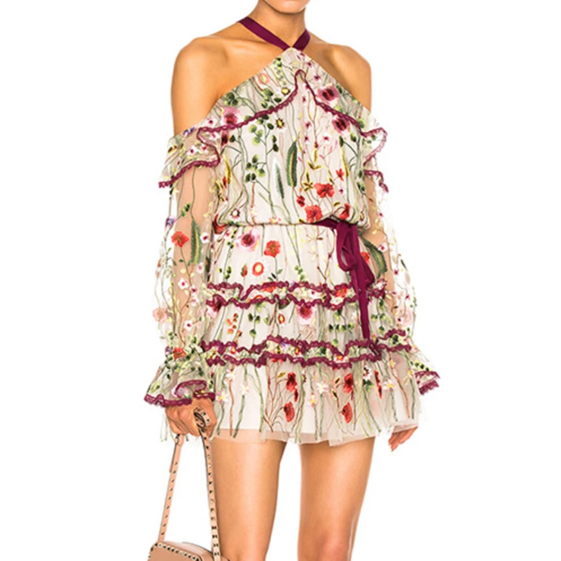 Платье женское дизайнерское подиумное с лямкой на шее Великолепная вышивка