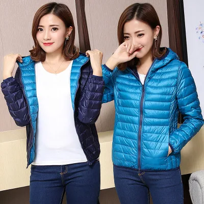 navy lake blue hood Осень зима женский ультра легкий пуховик двухсторонние куртки с утиным пухом теплое короткое пальто парка верхняя одежда плюс большой размер 4XL - Цвет: navy lake blue hood