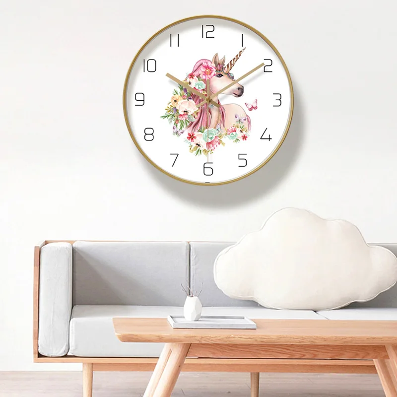 Прекрасный единорог Металл настенные часы Home Decor Кварц развертки движения для комнаты девушки 30cm12inch девочек, детские Единорог и цветок
