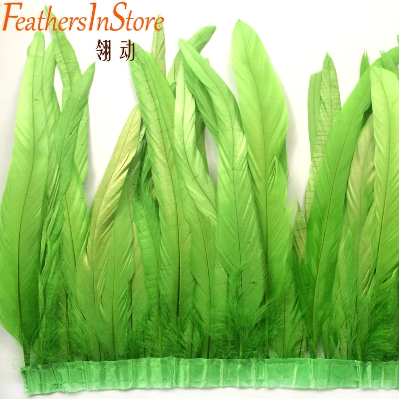 

10 Yards Rooster Feather Trims 30-35cm width lime green coque Feather strung Chicken Feather trimming rooster Tail Fringes