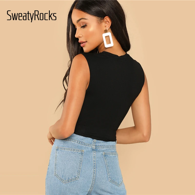 SweatyRocks, одноцветные, облегающие, укороченные топы, спортивная одежда, без рукавов, круглый вырез, для активного отдыха, сексуальный жилет, женский, черный, Повседневный, укороченный топ