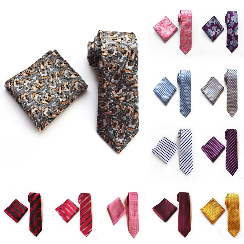 2019 New 67 Colors 100% Silk Paisley Mens Tie Pocket Square Set Formal Dress Neckties Classic Party Wedding Set Mens Gift