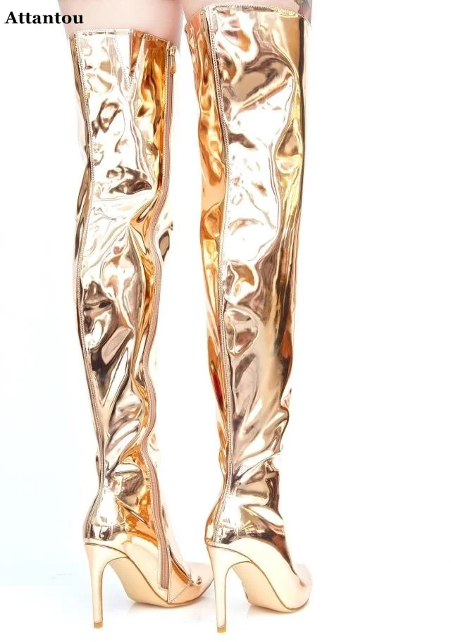 Блестящие и блестящие кожаные высокие сапоги золотистого цвета Сапоги выше