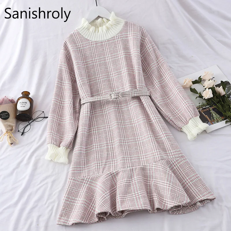 

Sanishroly 2018 Autumn Women Plaid Dress High Waist Sashes Sashes Trumpet Dresses Female Long Sleeve A-line Dress Vestidos SE316