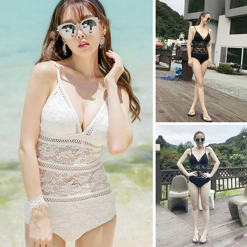 Woman Sexy Mesh Lace Bikini Set Slim Solid Color Sling Strap One-Piece Halter Bikini High Waist Swimsuit Swimwear Beach Suit