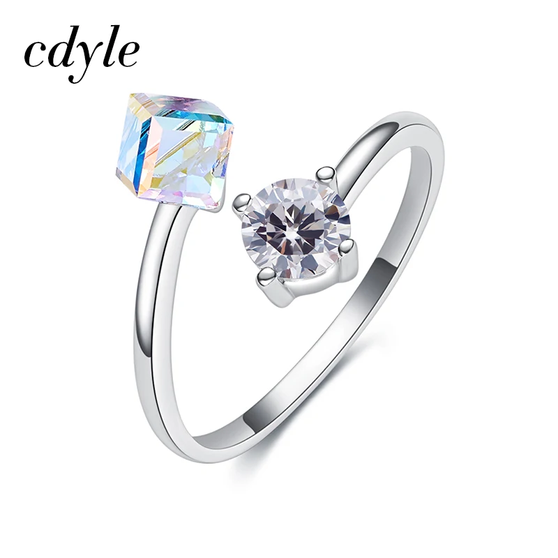 AB Color Cdyle 925 пробы серебряные кольца свободного размера для женщин украшенные кристаллами обручальные кольца кубическое Кристальное кольцо - Цвет основного камня: AB Color
