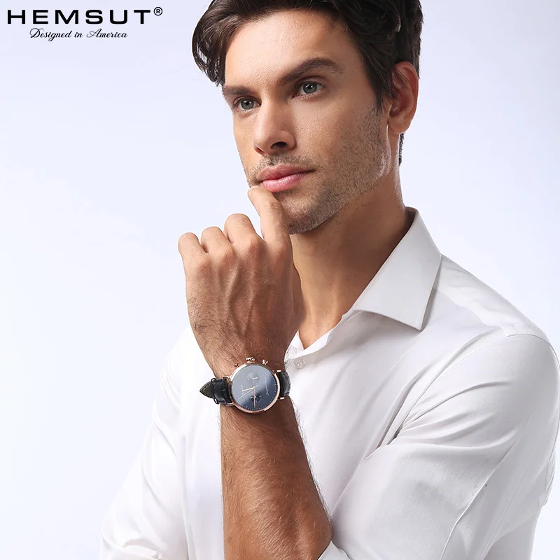 Часы наручные мужские с кожаным ремешком Роскошные Кварцевые синие