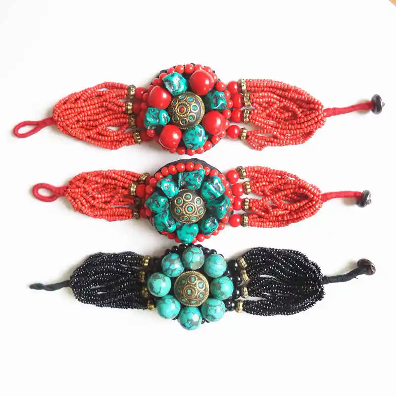 Тибетский этнический модный браслет искусственные бирюзы Nugget бисерные браслеты