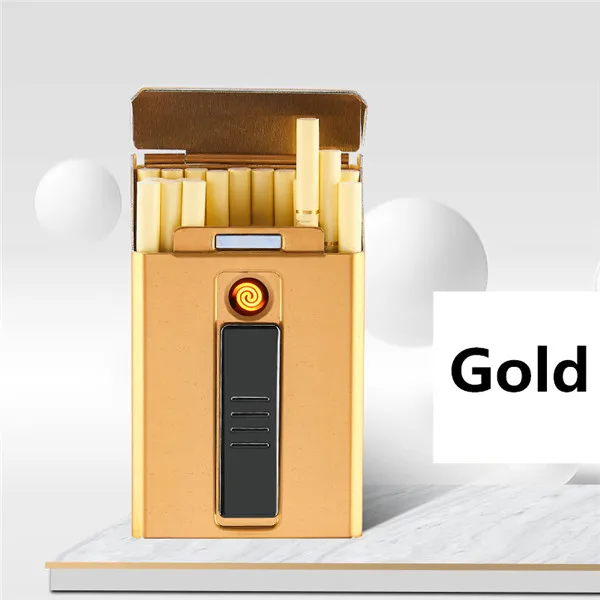 Gold1 Аварийный Женский 20 длинный тонкий чехол для сигарет с зарядкой Реверсивный вольфрамовый провод компрессионный металлический чехол для сигарет - Цвет: Gold1