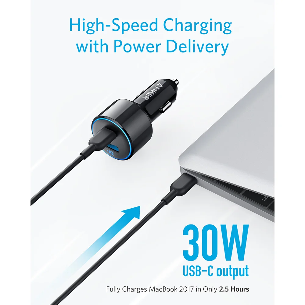 Anker 42W power Drive speed+ Duo, 2 порта USB C автомобильное зарядное устройство, один 30W power Delivery port для iPhone, iPad Pro, Galaxy, MacBook, LG и т. Д