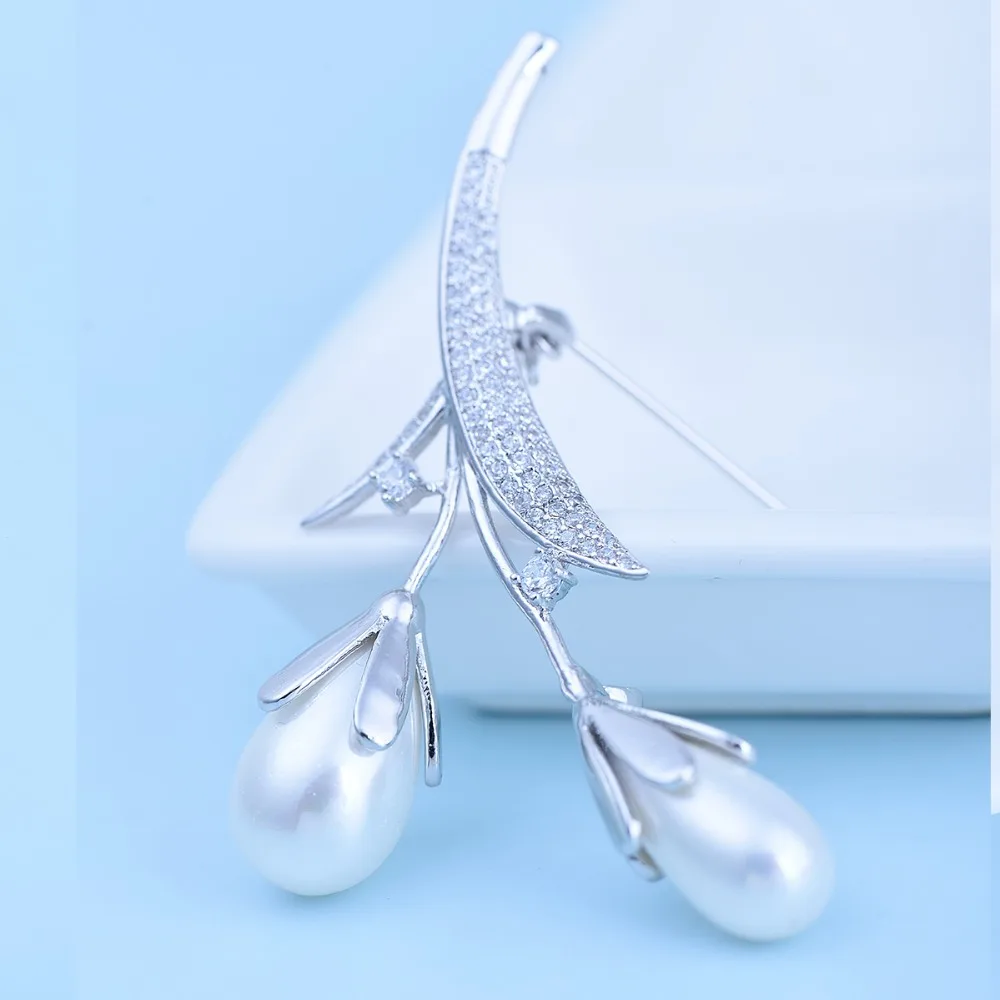 LUOTEEMI Newest Fashion Jewelry Vintage White Gold-Color Flower Brooch Pins for Woman Simulated Pearl CZ Crystal Brooches Gifts | Украшения