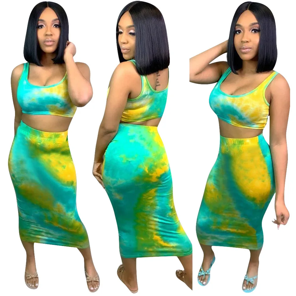 Two Piece Dress Women Summer Set Green Tanks crop top + long skirt 2 PCS Party Club Outfits Sexy Midi | Женская одежда